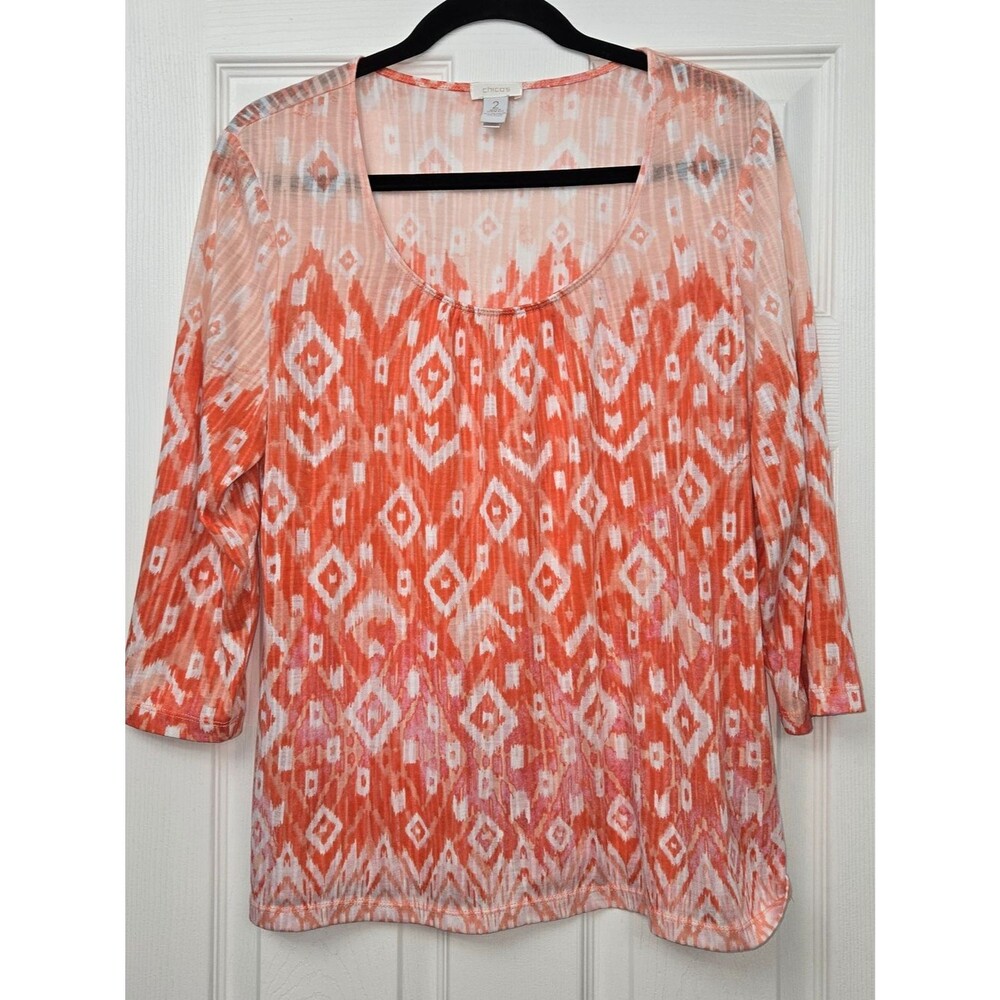 ​Chico's Ikat Diamond Geometric Print Blouse Orange Coral 3/4 Sleeve Top Sz 2/L